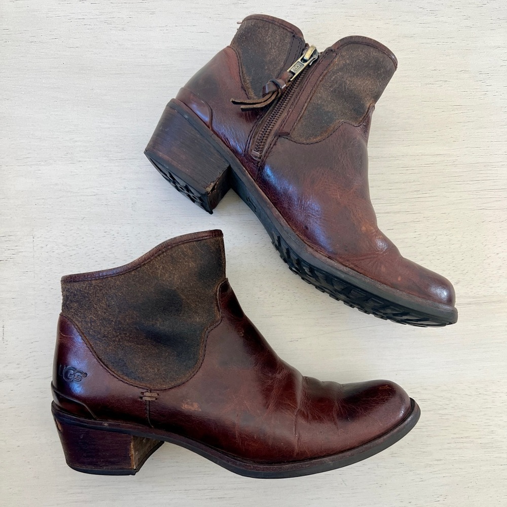 UGG Womens Boots Size 6.5 M Brown Suede Leather Zip Ankle Distressed Booties